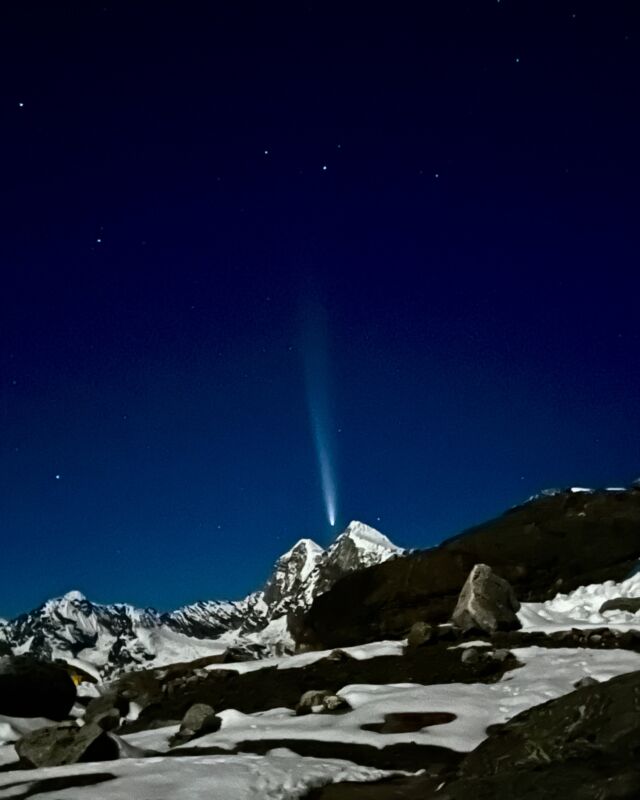 I am still confused- could this be Comet C2023 A3? If not, what could it be? We saw this from Mera Peak Base Camp on the 16th of October. 
#cometc2023a3 #comet #space #nightsky #mountain #merapeak #outerspace #iphonography #climbing #expedition #nasa